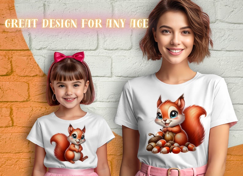 May include: Two white t-shirts with a cartoon squirrel design. The squirrel is holding an acorn and surrounded by other acorns. The text "GREAT DESIGN FOR ANY AGE" is at the top of the image.