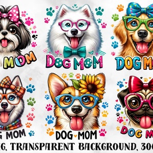May include: Twelve digital illustrations of dogs wearing glasses and bows. Each dog is surrounded by paw prints and the text "Dog Mom".