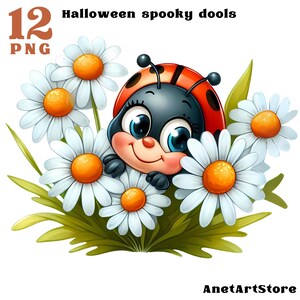 May include: A cartoon ladybug with big eyes and a smile is peeking out from behind a cluster of white daisies with yellow centers. The ladybug is red with black spots and has black legs and antennae. The daisies are surrounded by green leaves.