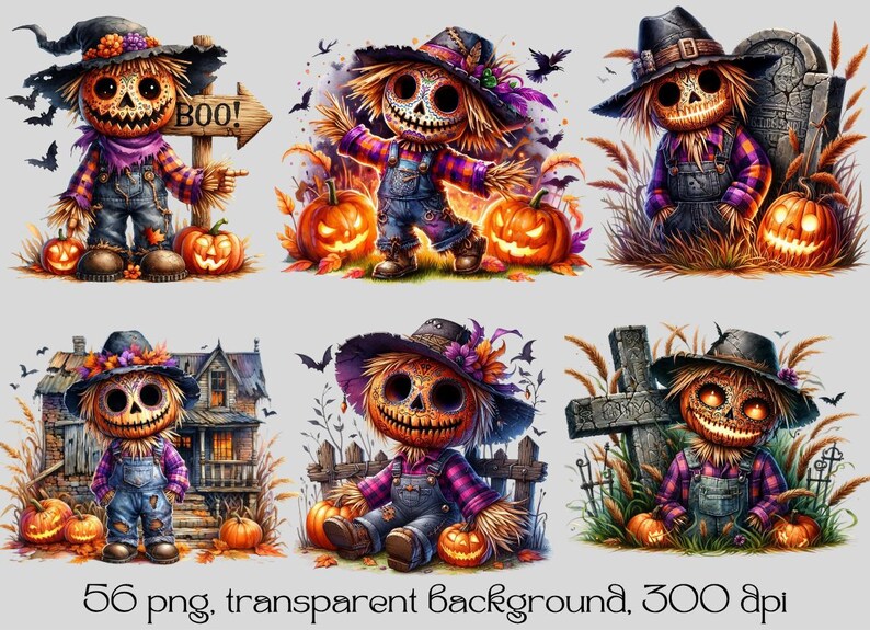 May include: Six digital illustrations of Halloween scarecrows with jack-o'-lanterns and other Halloween imagery. The scarecrows are dressed in overalls and have a spooky, whimsical look. The text "BOO!" is featured in one of the images.