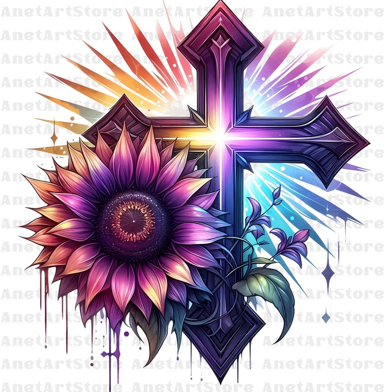 May include: A purple and pink sunflower with a black cross behind it. The cross is glowing with a rainbow of colors. The background is white with a rainbow of colors radiating out from the center.