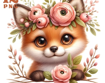Fox clipart, foxes clipart, fox png, watercolour fox, fox with flowers, watercolour clipart, Printable Digital Download, animals design