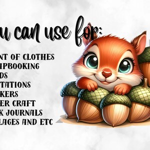May include: A cute cartoon squirrel with big blue eyes is nestled in a pile of acorns. The squirrel is smiling and has a light brown and orange fur. The acorns are brown and green with a textured surface. You can use for: PRINT OF CLOTHES SCRAPBOOKING CARDS INVITATIONS STICKERS PAPER CRAFT JUNK JOURNALS COLLAGES AND ETC