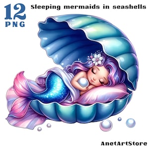 Mermaid PNG, sleeping mermaid clipart, sea PNG, Sublimation design download, Digital design, Cute little princess mermaids, Fairytale girl