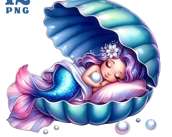 Puede incluir: Una sirena con cabello morado y rosa duerme dentro de una concha azul con una perla en su mano. La concha está sobre un fondo blanco con tres perlas blancas.