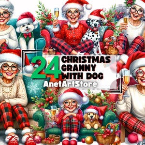 Grandma clipart, grandmother clipart, granny clipart, funny grandma clipart, old ladies, Christmas clipart, Christmas grandma Christmas dog