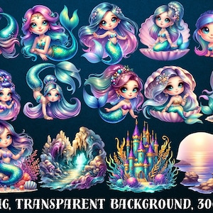 May include: A set of 97 digital illustrations featuring cute mermaids with colorful tails, hair, and accessories. The illustrations include mermaids swimming, sitting on seashells, and in various underwater scenes. The images are in PNG format with transparent backgrounds.