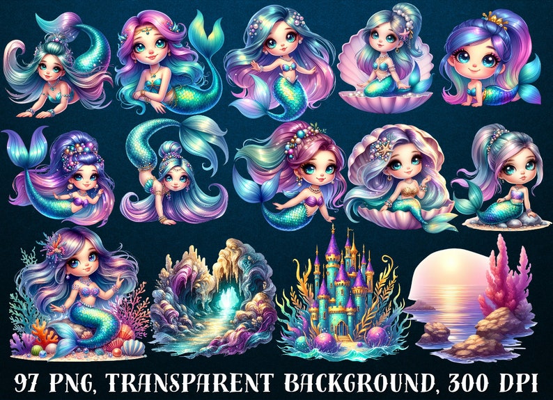 May include: A set of 97 digital illustrations featuring cute mermaids with colorful tails, hair, and accessories. The illustrations include mermaids swimming, sitting on seashells, and in various underwater scenes. The images are in PNG format with transparent backgrounds.