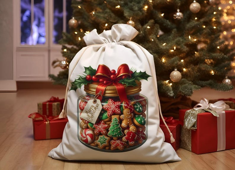 May include: White Christmas gift bag with a red ribbon and a glass jar filled with gingerbread cookies. The jar has a gold lid and a tag that says "Merry Christmas".