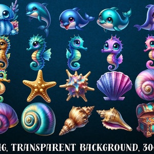 May include: A set of 97 digital illustrations of cute sea creatures and underwater objects. The illustrations include a blue jellyfish, a starfish, a seashell, a seahorse, and a treasure chest. The illustrations are in PNG format and have a transparent background.
