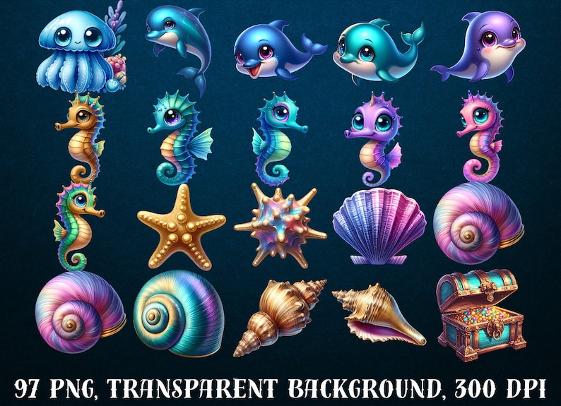 May include: A set of 97 digital illustrations of cute sea creatures and underwater objects. The illustrations include a blue jellyfish, a starfish, a seashell, a seahorse, and a treasure chest. The illustrations are in PNG format and have a transparent background.