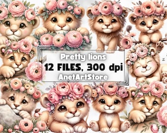 Lion clipart, lions clipart, lion png, watercolour lion, lion with flowers, watercolour clipart, Printable Digital Download, animals design