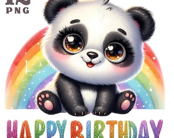 May include: A cute cartoon panda with big eyes sits in front of a rainbow with the text "HAPPY BIRTHDAY" in sparkly letters.