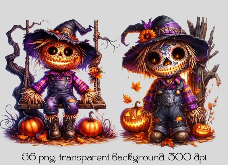May include: Two Halloween scarecrows, one on a swing and one standing next to a tree stump. Both are wearing purple and blue overalls, witch hats, and have jack-o'-lantern faces. Pumpkins are scattered around the base of the scarecrows.