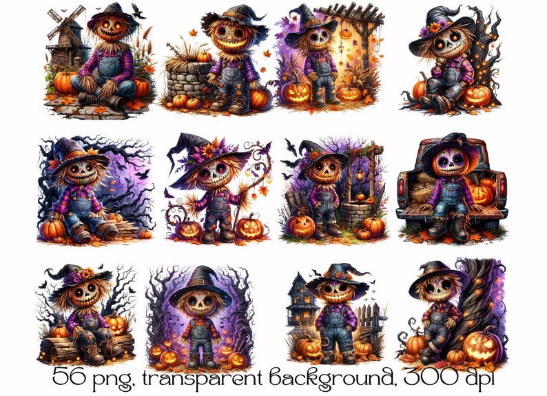May include: A set of 10 digital clipart images featuring various Halloween scarecrows with pumpkins and other fall decorations. The scarecrows are dressed in purple and blue clothing and have straw hats. The images have a transparent background.