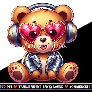 ヘッドフォン png、ヘッドフォンをつけたクマ png、かわいい DJ クマ、メガネをかけたテディベア、クマの昇華、デジタル プリント、メモ PNG、デジタル デザイン