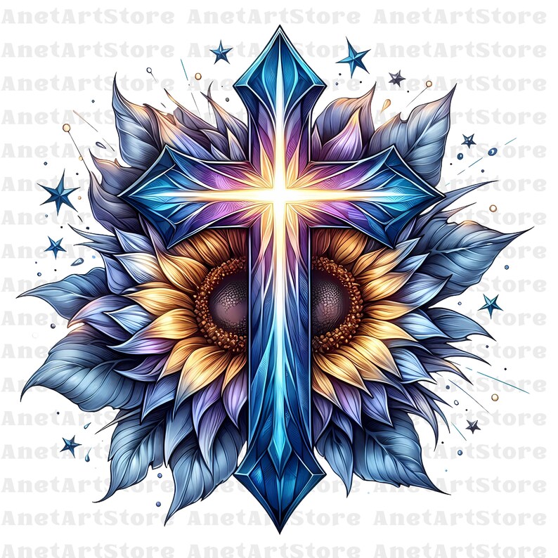 May include: A blue and purple crystal cross with a white light shining from behind it. The cross is surrounded by a sunflower with blue petals.