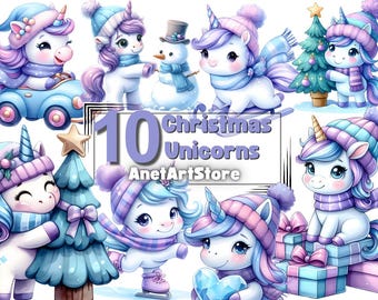 May include: Ten digital illustrations of cute Christmas unicorns. Each unicorn is wearing a winter hat and scarf. The unicorns are in various poses, including riding a toy car, holding a Christmas tree, and skating. The text "10 Christmas Unicorns" and "AnetArtStore" is included in the image.