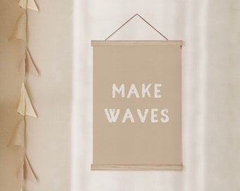 MAKE WAVES Poster with Magnetic Frame, Ocean Room decor, Beige Wall Decor, Surf Nursery, Surfer Gift