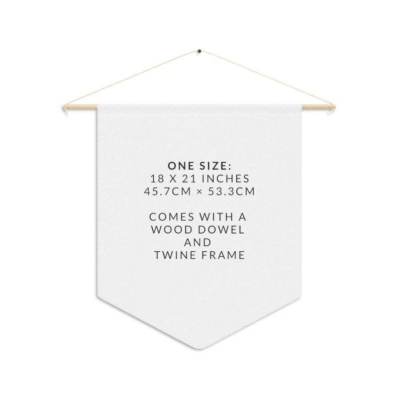 May include: White canvas tapestry with black text that reads "ONE SIZE: 18 X 21 INCHES 45.7CM &times; 53.3CM COMES WITH A WOOD DOWEL AND TWINE FRAME".