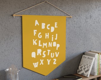 Alphabet Wall Flag, Kids Room Decor, Mustard Alphabet Wall Pennant, Boys Room Wall Decor, Girls Room Decor, Classroom Decor,  Wall Flag