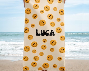 Custom Name Beach Towel, Kids Beach Towel, Smiley Beach Towel, Kids Custom Gift, Custom Birthday Gift, Custom Name Towel, Personalised Towel