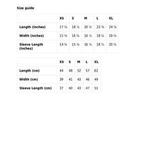 May include: Size guide chart for a garment with measurements in inches and centimeters. The chart shows the length, width, and sleeve length for sizes XS, S, M, L, and XL.