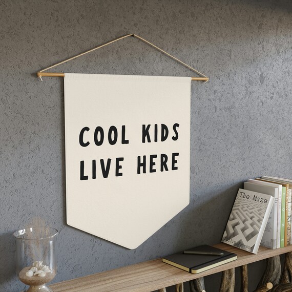 Kidroom Wall Decor Pennant Banners - Set Of 9, Natural Canvas With Wooden Sticks, Beige, Pre-Tied Twine For Easy Hanging