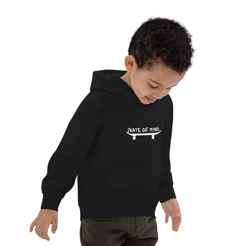 May include: A black hooded sweatshirt with a white graphic of a skateboard and the text "Skate of Mind".