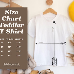 May include: Size chart for toddler t-shirts with measurements in inches. The chart shows the width and length of the shirts in sizes 2T, 3T, 4T, and 5T. The chart is printed on a brown background. The text "Bella Canvas 3001t" is printed at the bottom of the chart.