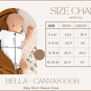 May include: Size chart for a baby onesie, showing width, length, and weight measurements in centimetres for sizes 3-6 months, 6-12 months, 12-18 months, and 18-24 months. The chart is labelled "BELLA + CANVAS 100B Baby Short-Sleeve Onsie".