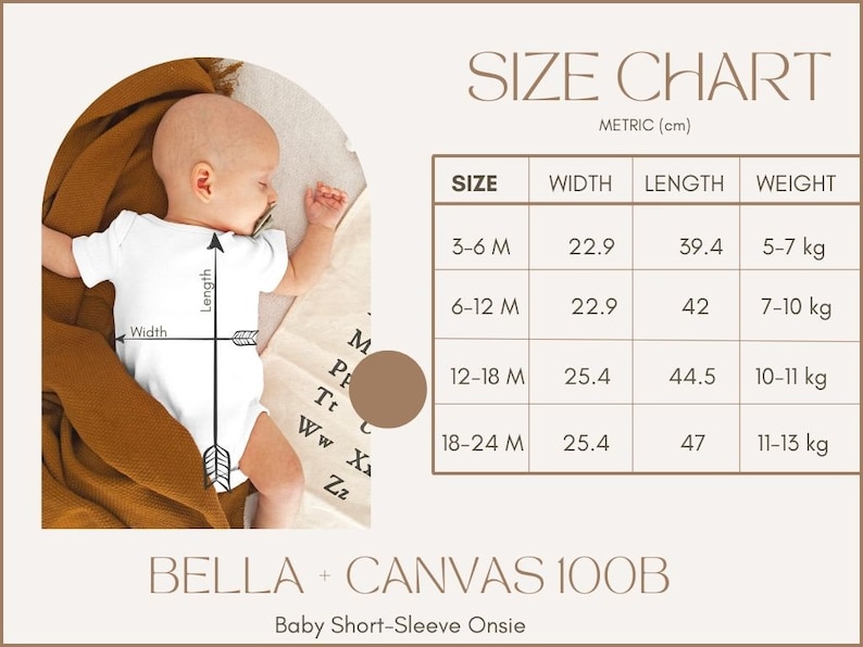 May include: Size chart for a baby onesie, showing width, length, and weight measurements in centimetres for sizes 3-6 months, 6-12 months, 12-18 months, and 18-24 months. The chart is labelled "BELLA + CANVAS 100B Baby Short-Sleeve Onsie".
