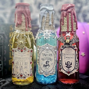 Aphrodite&#39;s Allure, Unicorn Blessing, Dracula&#39;s Embrace, Color Changing Glass Bottle, Witch Halloween Decor, Magic Fantasy Alchemy, Potion