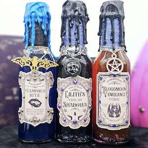 Vampire&#39;s Bite, Lilith&#39;s Shadows, Bloodmoon Vengeance, Color Changing Glass Bottle, Witch Halloween Decor, Magic Fantasy Alchemy