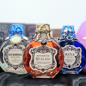 Potion of Healing, Mana Potion, Stamina Potion, Color Changing Glass Bottle, Witch Halloween Decor, Magic Fantasy Alchemy Apothecary