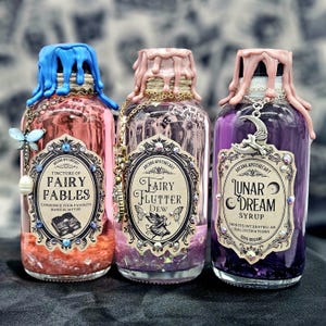 Fairy Fables, Fairy Flutter Dew, Lunar Dream Syrup Color Changing Glass Bottle Witch Halloween Decor Magic Fantasy Alchemy Apothecary Potion