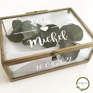 Aufkleber für Ringkästchen, Glasschatulle, Glaskasten, Vinylfolie, Schriftzug, Name und Datum für Ringkästchen