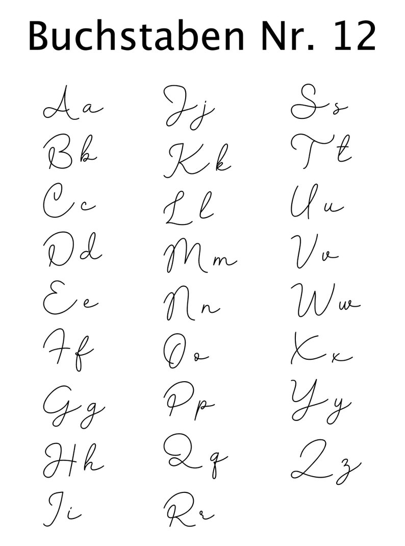 May include: A digital graphic featuring the text "Buchstaben Nr. 12" at the top, followed by the complete English alphabet in both uppercase and lowercase letters. Each letter is presented in a thin, black, cursive script font on a white background.