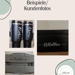May include: Two dark gray tumblers with white script names Rosi and Esra, a black box with white script text Notfallbox, and a gray high chair backrest with the white script name theodore, all featuring custom vinyl lettering applications.
