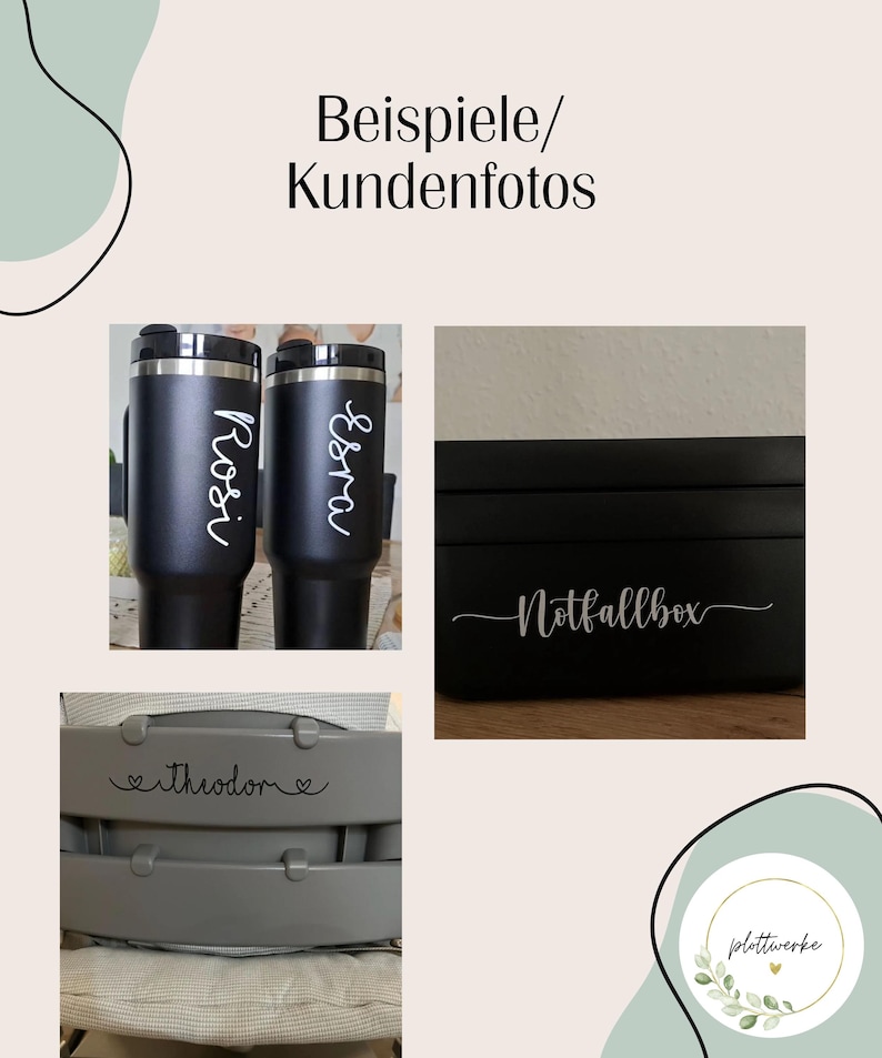 May include: Two dark gray tumblers with white script names Rosi and Esra, a black box with white script text Notfallbox, and a gray high chair backrest with the white script name theodore, all featuring custom vinyl lettering applications.