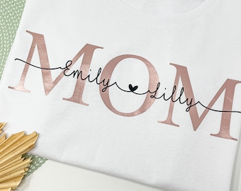 Personalisierbares Mom-Shirt, Damenshirt, Mamashirt, T-Shirt weiß, Mama mit Kindernamen, Textilveredelung, Momfashion, Rundhalsausschnitt