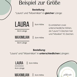 May include: An informational graphic displaying size examples for custom text labels. It compares the height and length of the names Laura and Maximilian, showing measurements of 5cm, 2cm, 8cm, and 4cm. The text includes German explanations regarding character counts and label dimensions.