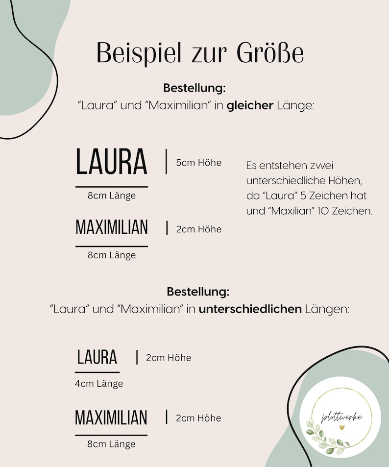 May include: An informational graphic displaying size examples for custom text labels. It compares the height and length of the names Laura and Maximilian, showing measurements of 5cm, 2cm, 8cm, and 4cm. The text includes German explanations regarding character counts and label dimensions.
