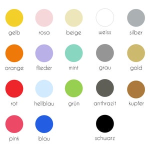 May include: A color chart featuring seventeen solid circles in various hues including yellow, pink, beige, white, silver, orange, lavender, mint, gray, gold, red, light blue, green, charcoal, copper, hot pink, blue, and black with labels.