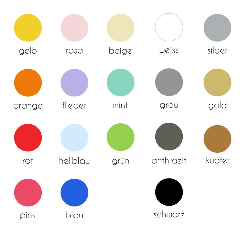 May include: A color chart featuring seventeen solid circles in various hues including yellow, pink, beige, white, silver, orange, lavender, mint, gray, gold, red, light blue, green, charcoal, copper, hot pink, blue, and black with labels.