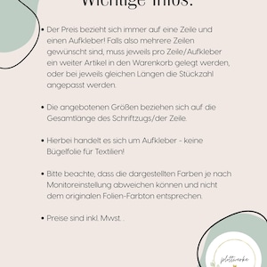 May include: A light beige informational graphic with the heading Wichtige Infos. It contains five bullet points in German regarding sticker ordering instructions, sizing, material type, color variations, and tax inclusion. A logo is in the corner.