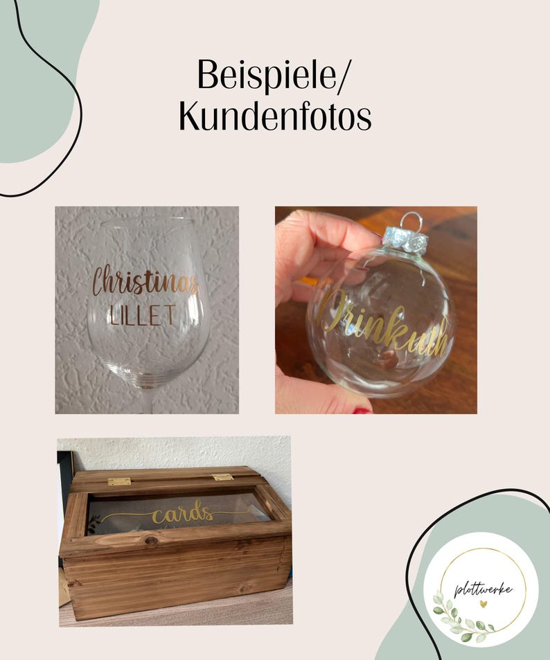 May include: A clear glass wine glass with gold text reading Christina Lillet, a clear glass Christmas ornament with gold text reading Rinkuth, and a rectangular wooden box with a glass lid featuring the gold text cards on the front.