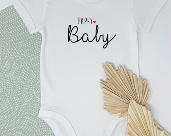 Babybody "HAPPY Baby", weiß,  kurzarm Babybody, Baumwoll-Body, Kinderbody weiß, Herz Farbe frei wählbar