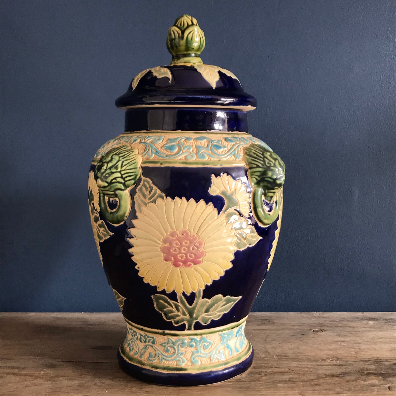 Large Blue Ceramic Urn With Lid Sunflower Design Vase Etsy UK