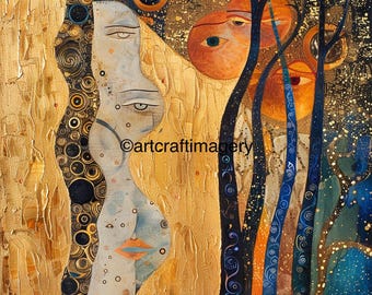 May include: Abstract painting with gold, blue, and orange colors. The painting features a stylized face with large eyes and a flowing, wavy design. The background is a mix of gold and black.